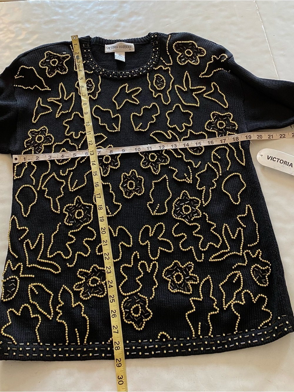 Vintage 90s Granny Sweater Womens Size Large Black Gold Beaded Tags Tunic - Picture 8 of 11
